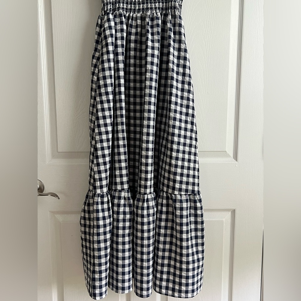 Chouyatou Navy & White Gingham Cottagecore Smocked Shirred Maxi Dress Medium - Picture 3 of 10